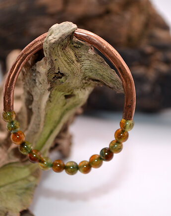 Bransoletka miedziana handmade z koralikami: agat, FutharkCopper