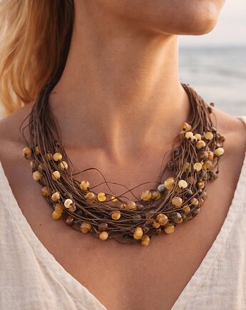 Naszyjnik bursztynowy w sylu boho, naszyjnik lniany, bursztyn bałtycki, AmberMal