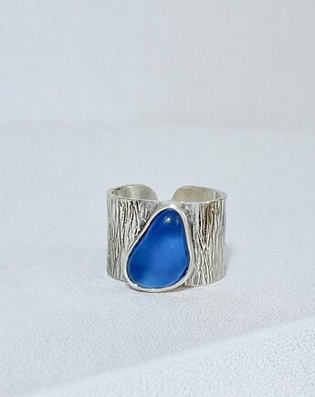 1,1cm Obrączka młotkowana ręcznie robiona ze szkłem morskim, bluewavestudio