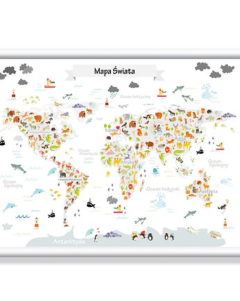 Plakat Mapa Świata ze zwierzętami, TamTamTu
