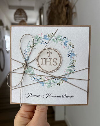 Ręcznie robiona kartka na komunię z życzeniami dla chłopca, sorte