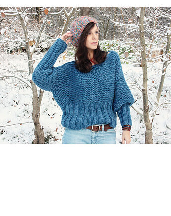 Niebieski sweter handmade moher z wełną, Mademoiselle Patrini