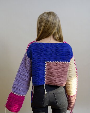 Sweter kolorowy typu patchwork z wystającymi nitkami, DecMabu