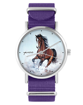 Zegarek - Brązowy koń - fioletowy, nylonowy, OSOBY - Prezent dla dziewczynki