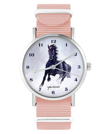 Zegarek - Czarny koń, cyfry - brzoskwiniowy róż, yenoo