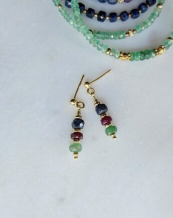 Szafir rubin szmaragd, pozłacane kolczyki, Studio Gazela