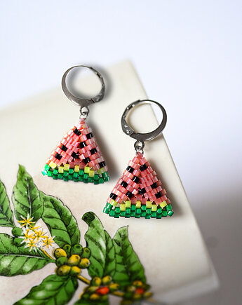Kolczyki arbuz z koralików handmade, kwiaty biżuteria