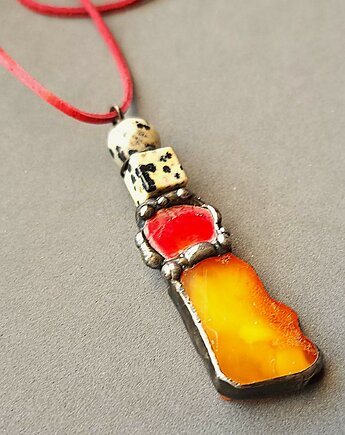 Bursztyn, jaspis dalmatyński i koral w wisiorku handmade prezent z klasą, Galeria Limart