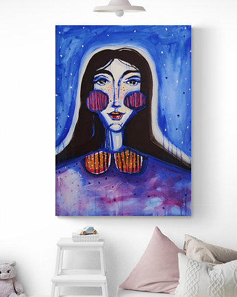 Obraz ręcznie malowany na płótnie 50x70 cm - Pani zagubiona w kosmosie, Kasia Kulicka
