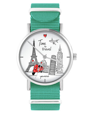 Zegarek -  Time to travel  - turkusowy, nylonowy, yenoo
