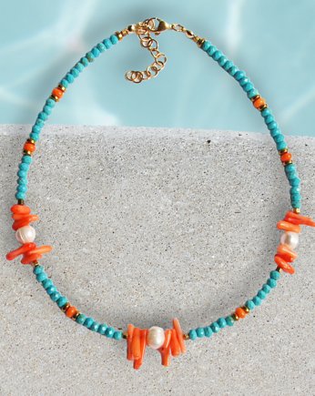 Koral, perła, magnezyt - naszyjnik - choker - turkusowo-pomarańczowy, kaktusia