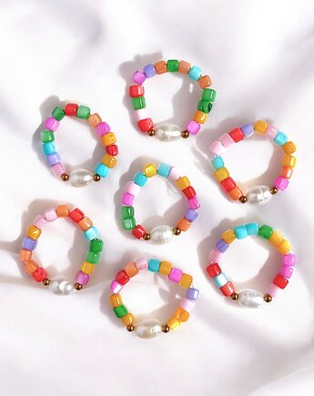 Pierścionek : summer collection : kolorowa muszla i perła, kaktusia