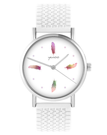 Zegarek - Kolorowe piórka - silikonowy, biały, OSOBY - Prezent dla teścia