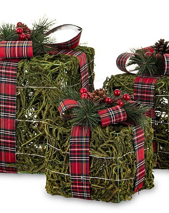 Dekoracja LED - 3 szt. 30x27, 25x22, 12x16 cm pudełek z czerwoną kraciastą ws, MIA home