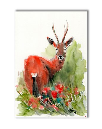 Akwarela ręcznie malowana jeleń sarna maki, Galeria Alma