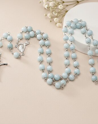 Ręcznie robiony różaniec, niebieski AKWAMARYN 6mm, I Komunia Św, SREBRO 925, Yamira Art Studio