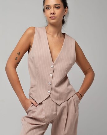 Wełniana elegancka kamizelka różowa w tenisowy prążek, ROSE DAWN, Yanowska