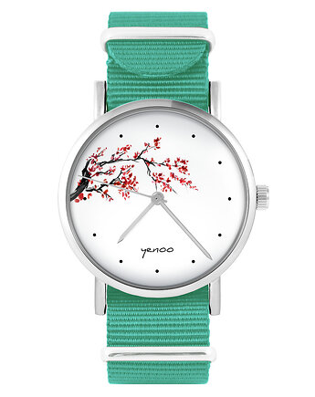 Zegarek - Kwiat wiśni - turkusowy, nylonowy, yenoo