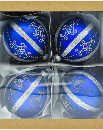 ZESTAW 4 szt.: Bombki okrągłe niebieskie ze srebrnymi pasami, Syn Bombkarza