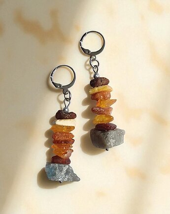 Bursztyn : UNIKATOWE kolczyki : bursztyn & labradoryt na surowo, kaktusia