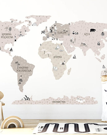 MAPA ŚWIATA beżowa - naklejka na ścianę, Pastelowelove