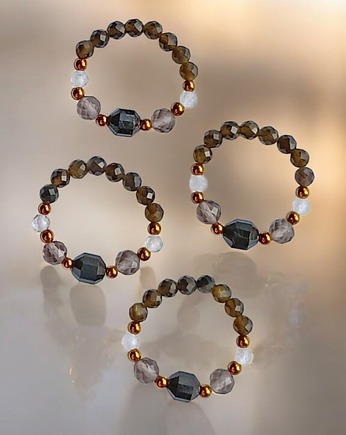 OCHRONA : pierścionek II - turmalin, obsydian, kwarc dymny, kryształ górski, kaktusia