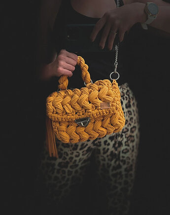 Damska musztardowa torebka na ramię nogi ze sznurka, OKAZJE - Prezent na 60 urodziny