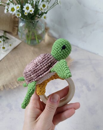 Grzechotka żółwik, Gryzak żółw na kółku, Prezent dla noworodka, EcoToysByNastya