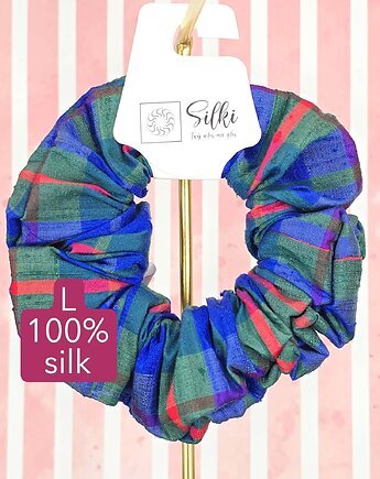 L średnia gumka do włosów jedwab naturalny scrunchie niebieska w kratkę, Silki