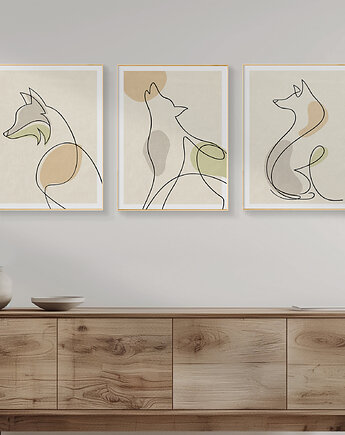 Zestaw 3 stylowych plakatów w stylu Boho, zwierzęta, pies, wilk, line art., Grawisfera