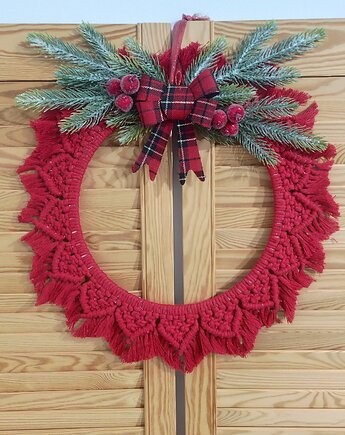 Świąteczny wianek z makramy dekoracja na ścianę na kominek prezent, miaukramy