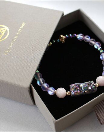 Świadoma Obecność - bransoletka druza kwarc tytanowy, kunzyt, KEIT