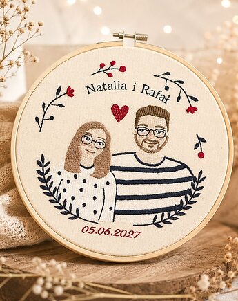 Personalizowana pamiątka ślubna/zaręczynowa , haft w tamborku, Plasun