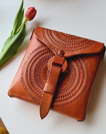 Torebka skórzana ręcznie robiona góralska Carola Brązowa wzory zakopane, SempreArte