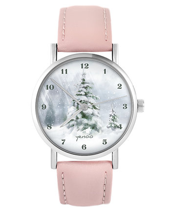 Zegarek - Zimowy, choinka - pudrowy róż, skóra, yenoo