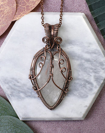 Miedziany wisiorek wire wrapping z kwarcem z czarnym rutylem #466, Spirit Of Copper