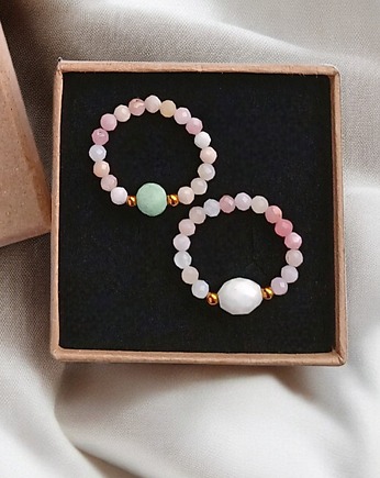 PREMIUM : zestaw pierścionków : cukierkowy : opal, amazonit, k.księżycowy, kaktusia