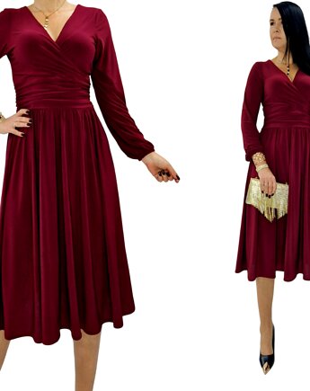Bordowa  elegancka sukienka  midi draperia r 36-56, MC Fashion
