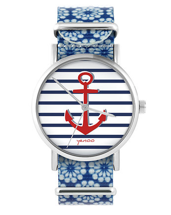 Zegarek - Kotwica - niebieski, kwiaty, yenoo
