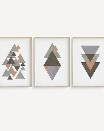 Zestaw 3 geometrycznych grafik na ścianę, skandynawski styl, nordic style., Grawisfera