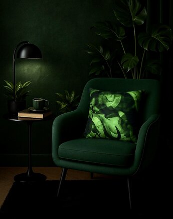 Aksamitna PODUSZKA dekoracyjna, autorski print w zielone jeziora, NAWROTANKA