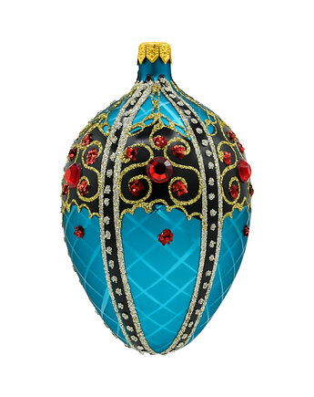 Bombka choinkowa szklana ręcznie malowana: jajo Faberge z ornamentem: turkusowe, Syn Bombkarza