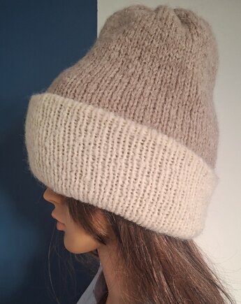 Czapka Fluffy podwójna dwustronna beżowa-ecru, Knit Couture
