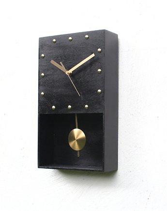 Drewniany Czarny  zegar ścienny z wahadłem - bez tykania, Clock Wood Studio