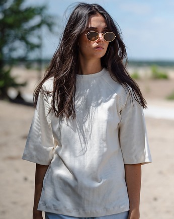 Koszulka T-Shirt z bawełny prążkowanej, NATURAL WHITE, Yanowska