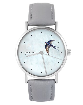 Zegarek - Jaskółka - skóra, szary, yenoo