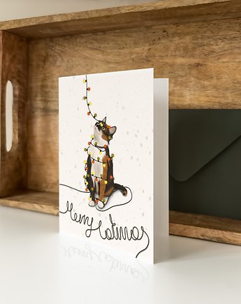 Kartka Świąteczna Z Kotem W Tradycyjnych Lampkach Choinkowych, Burakovvska