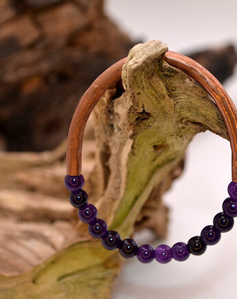 Bransoletka miedziana handmade z koralikami: ametyst, FutharkCopper