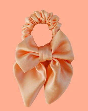 Gumka jedwabna, scrunchie, frotka z kokardą brzoskwiniowa rosa, Capillum