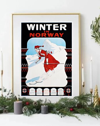 PLAKAT zimowy vintage,  Norwegia retro poster, narty ilustracja, black dot studio